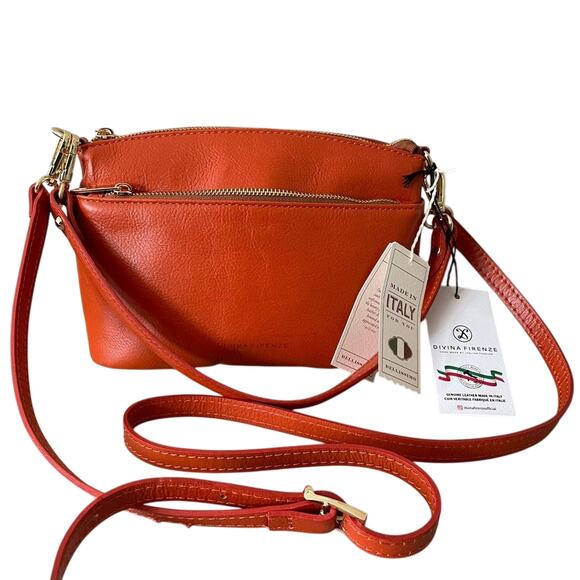 New DIVINA FIRENZE Orange Gold Crossbody Handbag Purse Quality Fine Leather - Picture 1 of 11